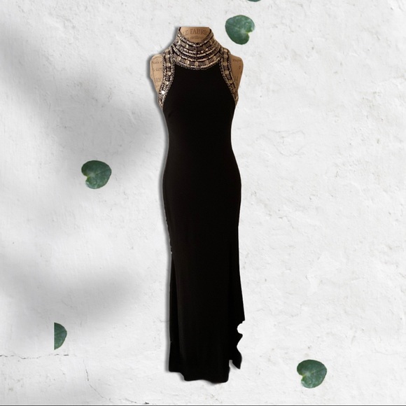 Aqua Black Mock Neck Beaded Sleeveless Gown Size 6 - Picture 8 of 16